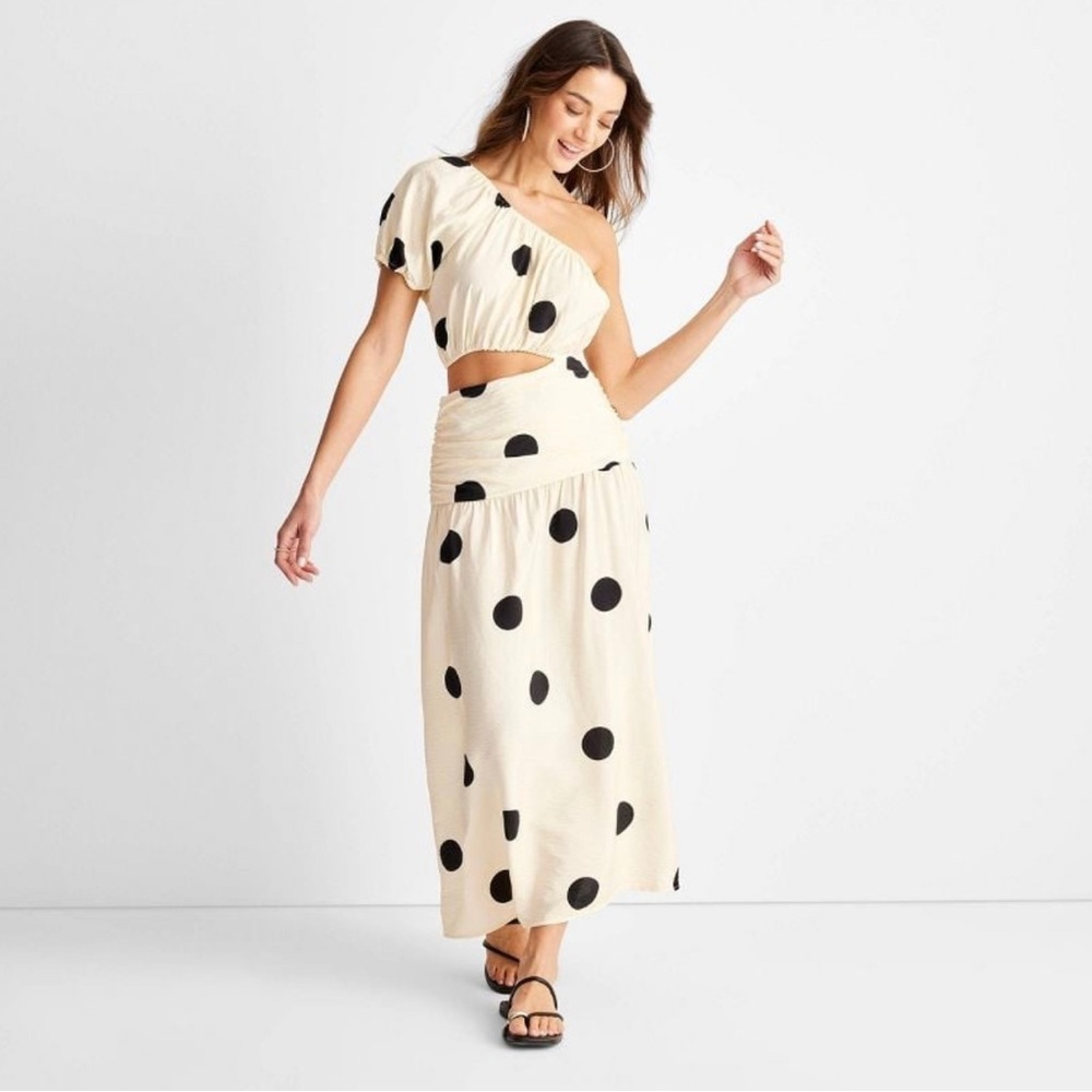 Future Collective with Jenny K. Lopez Polka Dot One Shoulder Cut-Out Midi Dress